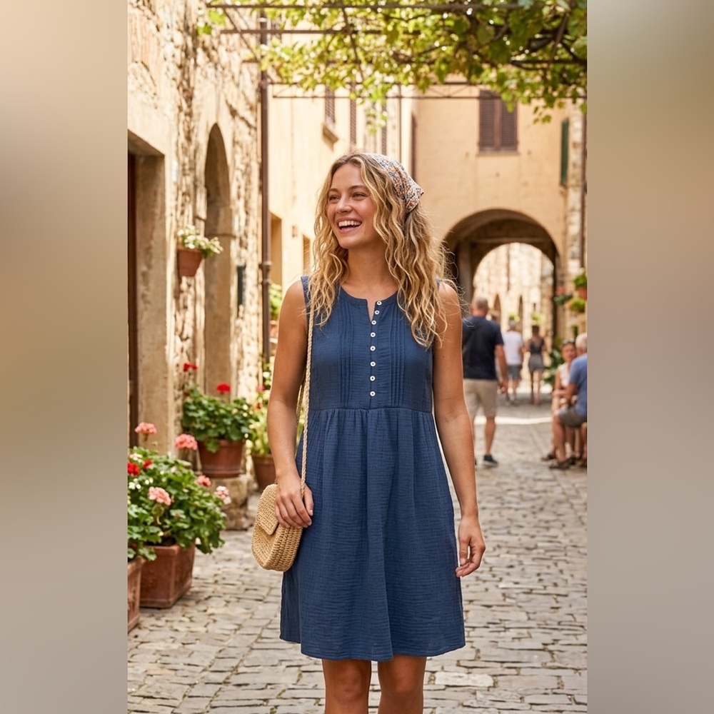 Sleeveless Navy Button-Front Mini Dress